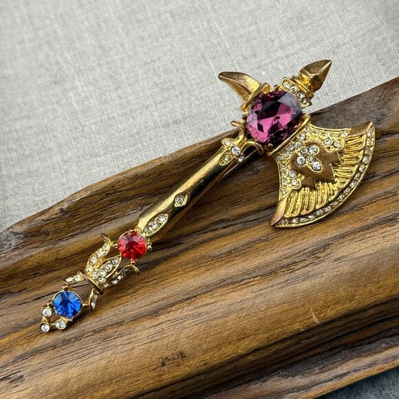 Hatchet Axe Brooch Pendant Vintage Unmarked Gold-tone Metal Rhinestone 3.25" H - Picture 1 of 11